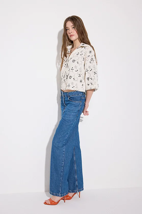 Embroidered Cotton Cropped Shirt - Black - 6