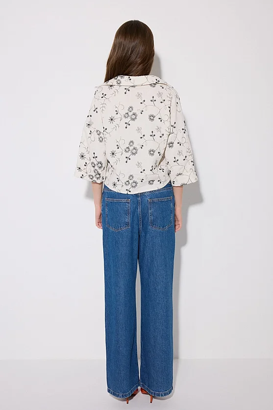 Embroidered Cotton Cropped Shirt - Black - Gusto