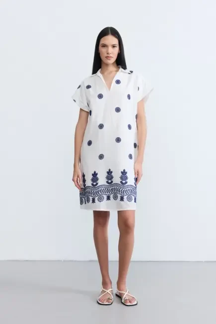 Embroidered Cotton Dress - Ecru Ecru