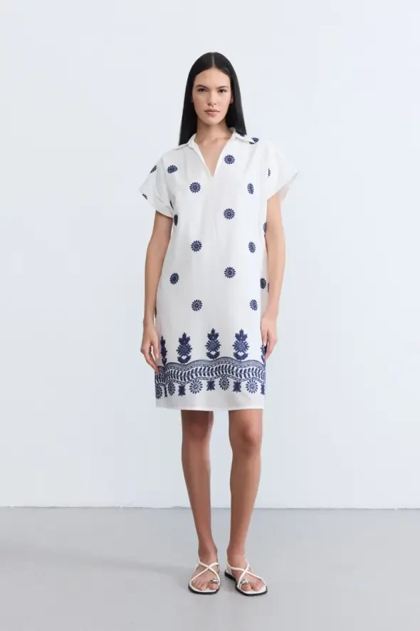 Embroidered Cotton Dress - Ecru - 1