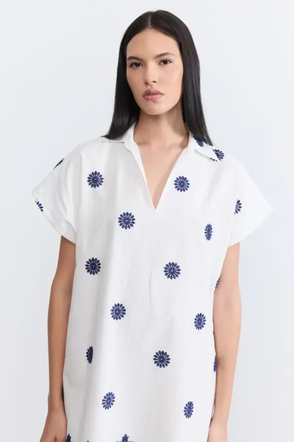 Embroidered Cotton Dress - Ecru - 4
