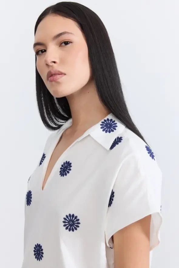 Embroidered Cotton Dress - Ecru - 5