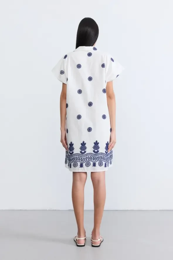 Embroidered Cotton Dress - Ecru - 6