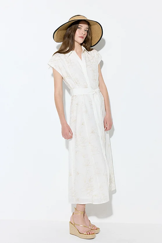 Embroidered Cotton Long Shirt Dress - Ecru - Gusto