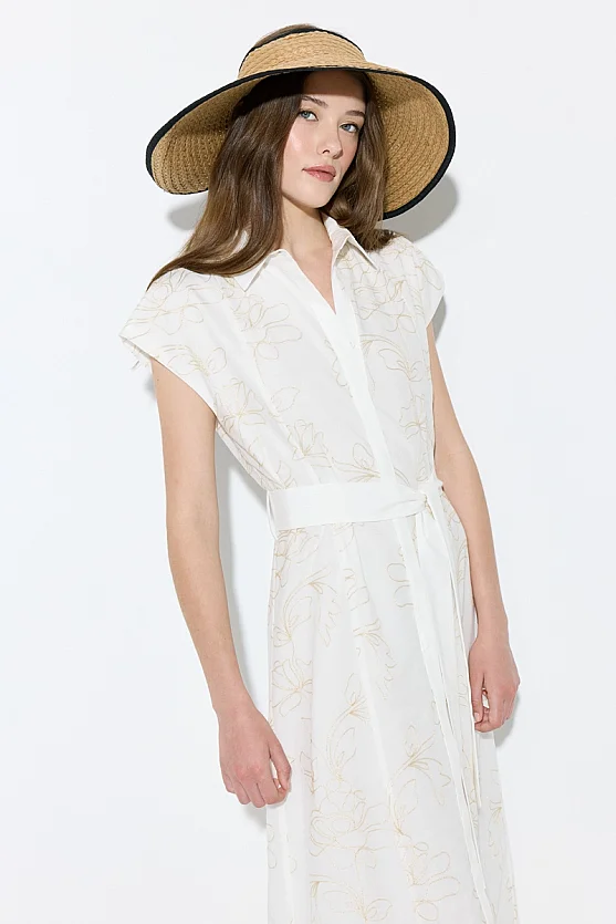 Embroidered Cotton Long Shirt Dress - Ecru - Gusto