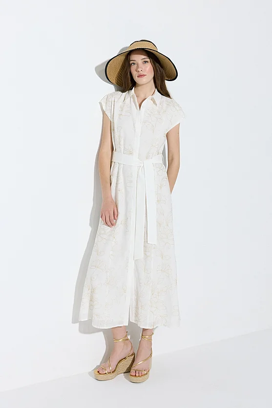 Embroidered Cotton Long Shirt Dress - Ecru - Gusto