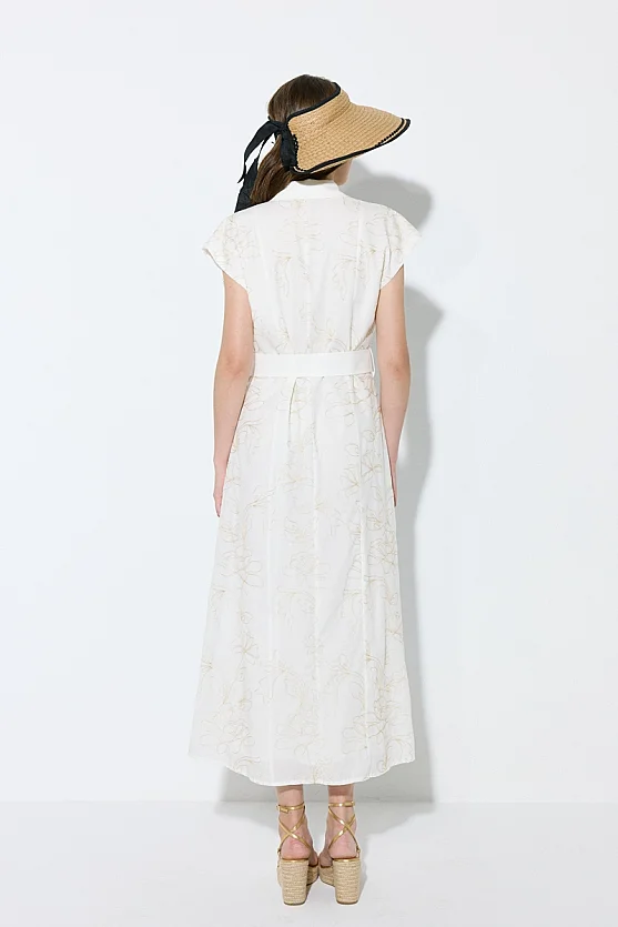 Embroidered Cotton Long Shirt Dress - Ecru - Gusto