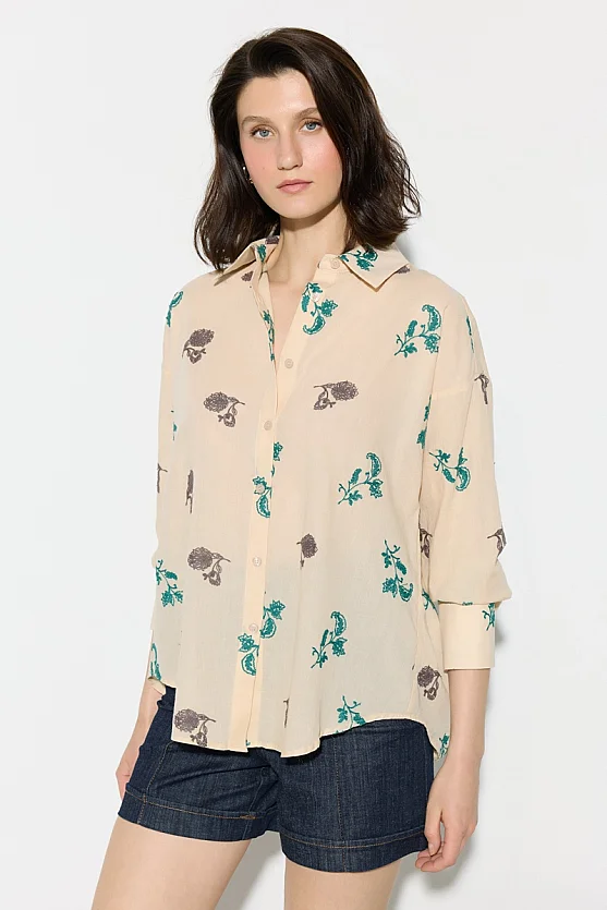 Embroidered Cotton Long Sleeve Shirt - Beige - Gusto