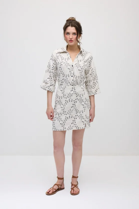 Embroidered Cotton Mini Skirt - Ecru - 1