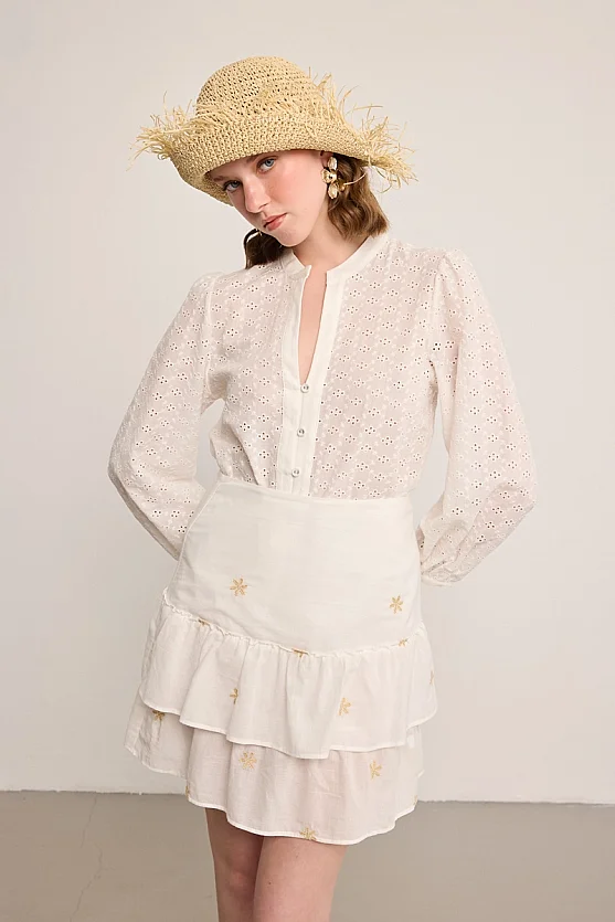 Embroidered Cotton Mini Skirt - White - Gusto