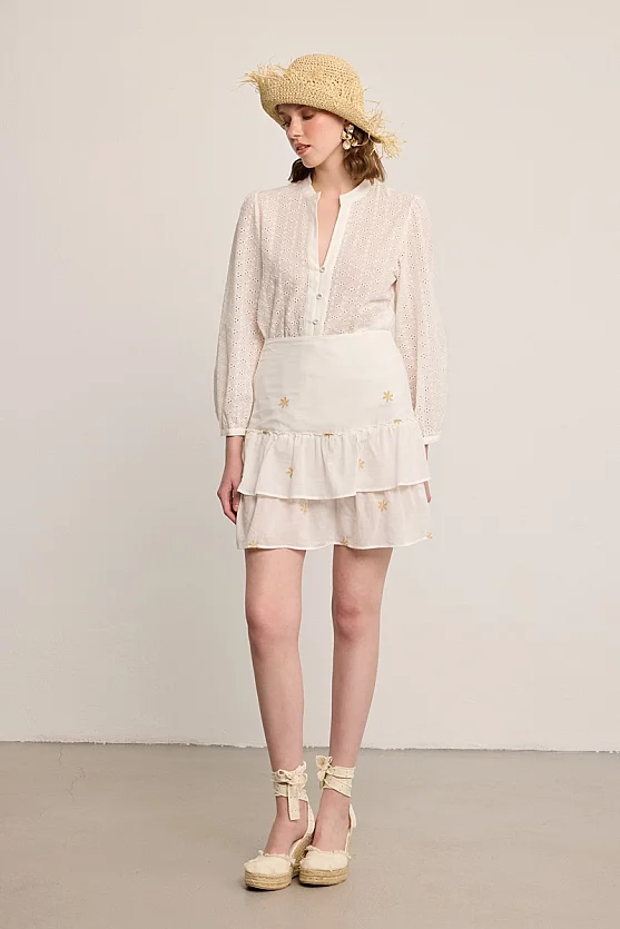 Embroidered Cotton Mini Skirt - White - 2