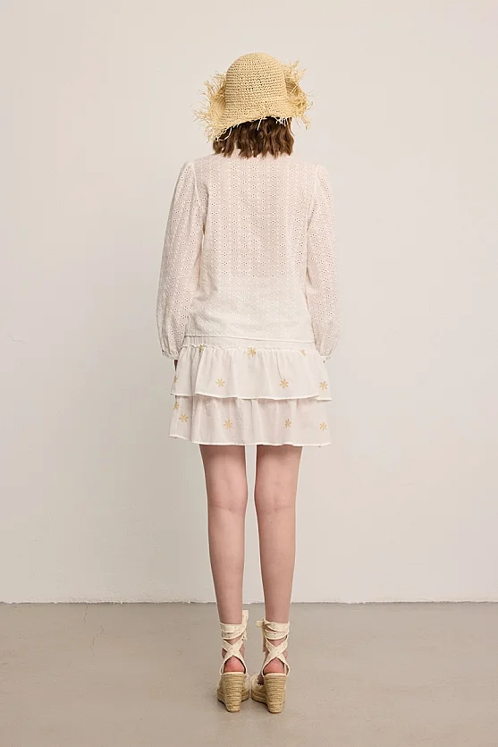 Embroidered Cotton Mini Skirt - White - 4