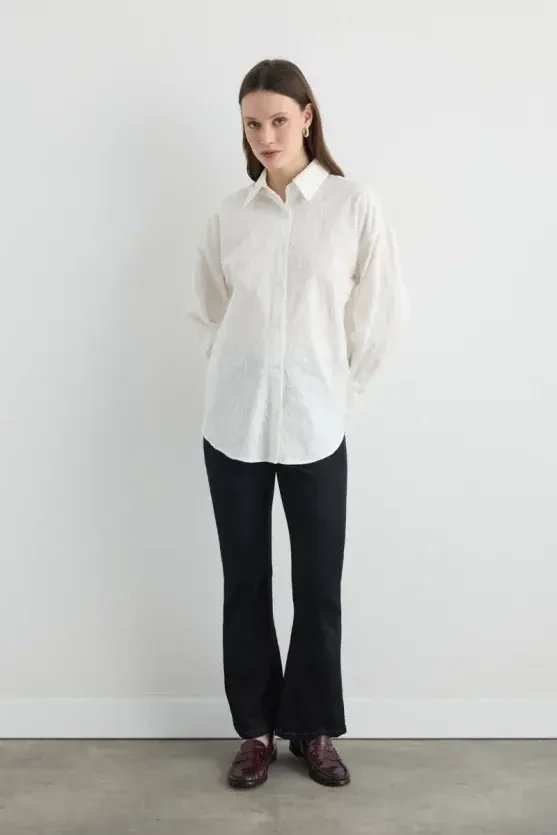 Embroidered Cotton Relaxed Fit Shirt - White - Gusto