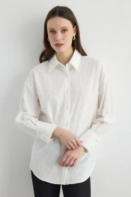 Embroidered Cotton Relaxed Fit Shirt - White - 5
