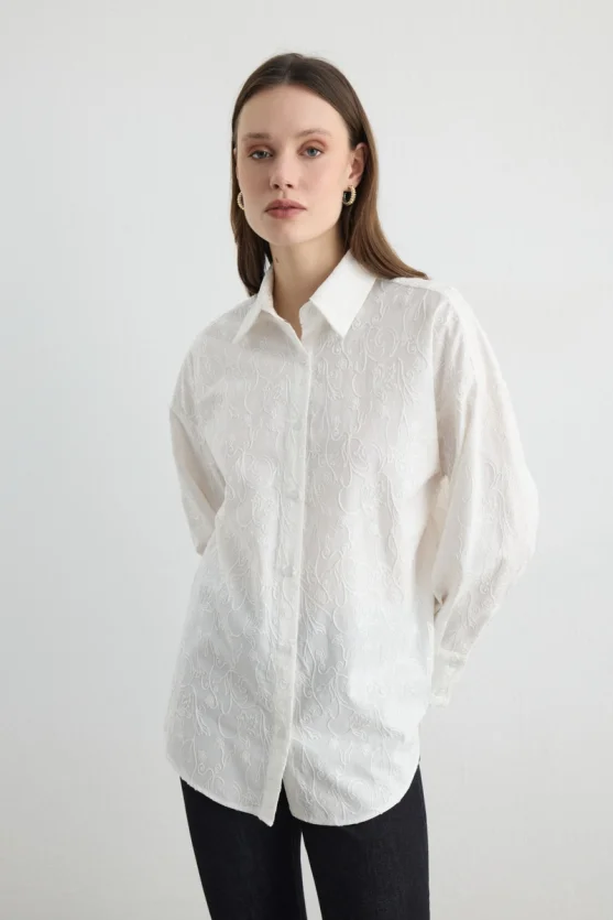 Embroidered Cotton Relaxed Fit Shirt White - 3