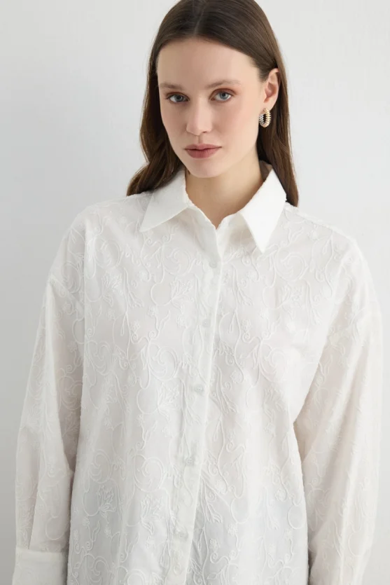 Embroidered Cotton Relaxed Fit Shirt White - 4