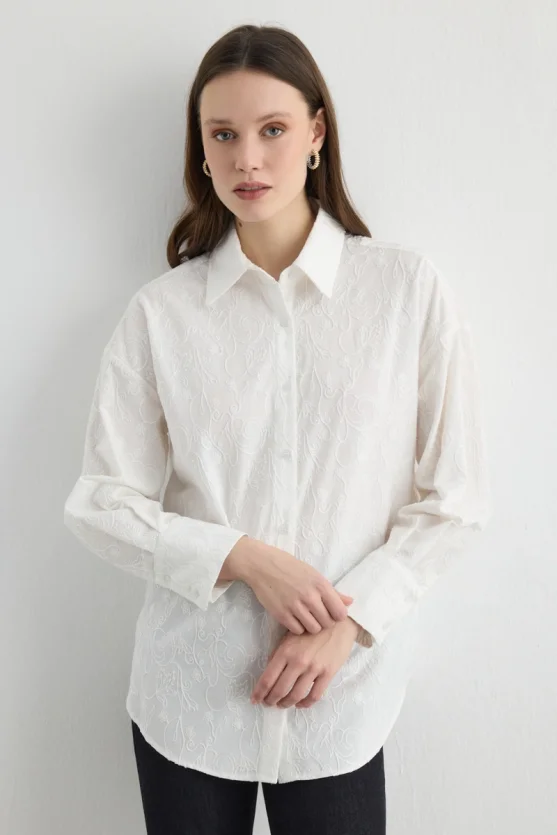 Embroidered Cotton Relaxed Fit Shirt White - Gusto