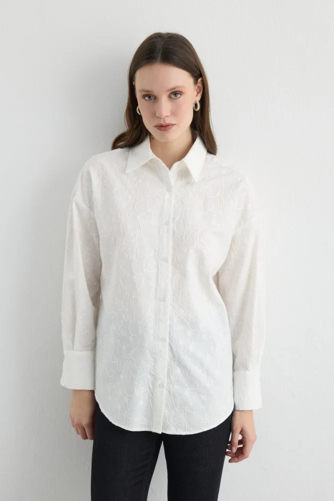 Embroidered Cotton Relaxed Fit Shirt White White