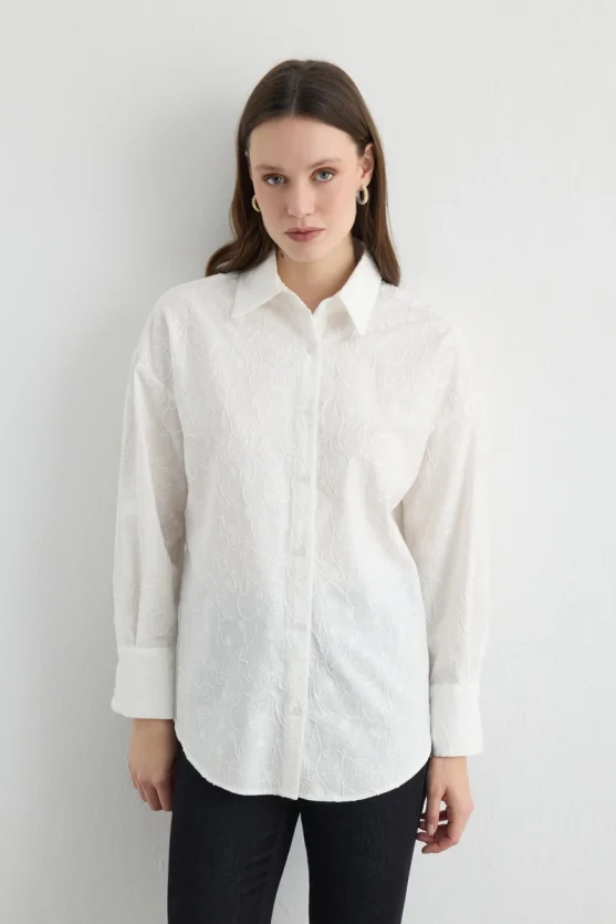 Embroidered Cotton Relaxed Fit Shirt White - 1