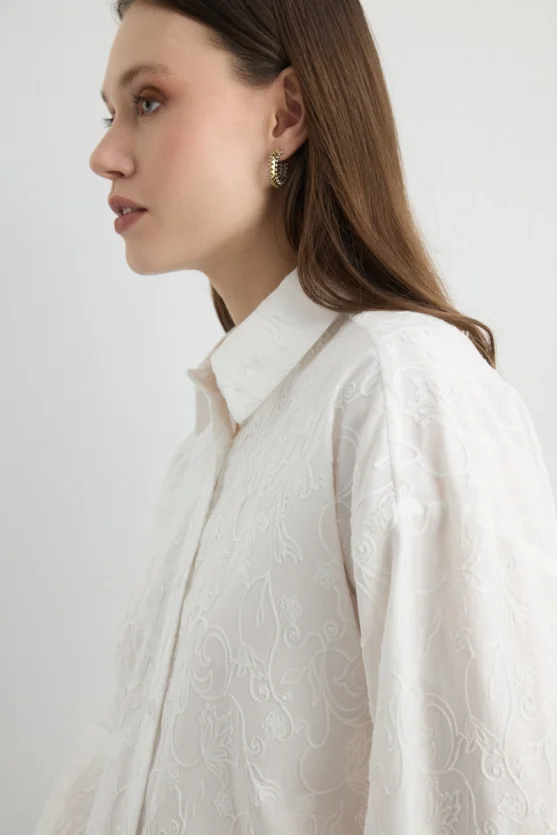 Embroidered Cotton Relaxed Fit Shirt White - 6