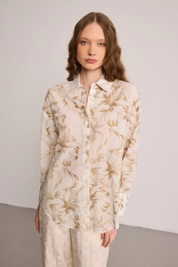 Embroidered Cotton Shirt - Beige - 4