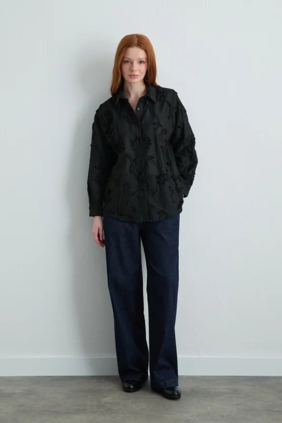 Embroidered Cotton Shirt Black - 2