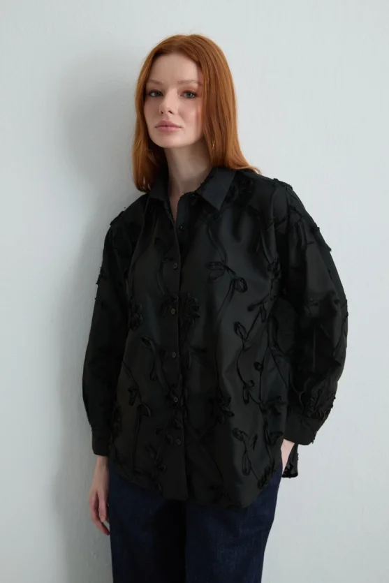 Embroidered Cotton Shirt Black - 3