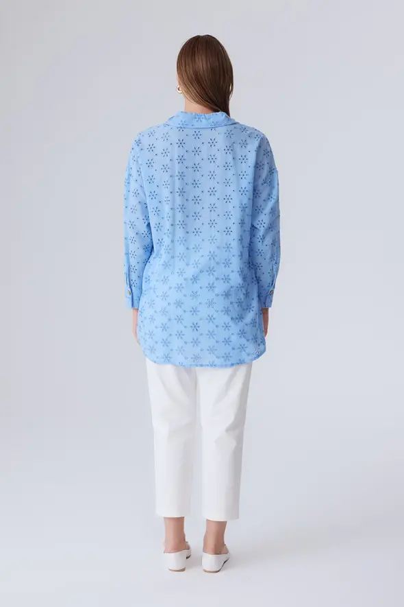 Embroidered Cotton Shirt - Blue - 5