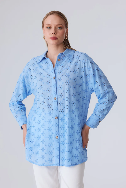 Embroidered Cotton Shirt - Blue Blue