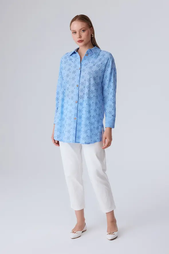 Embroidered Cotton Shirt - Blue - 2