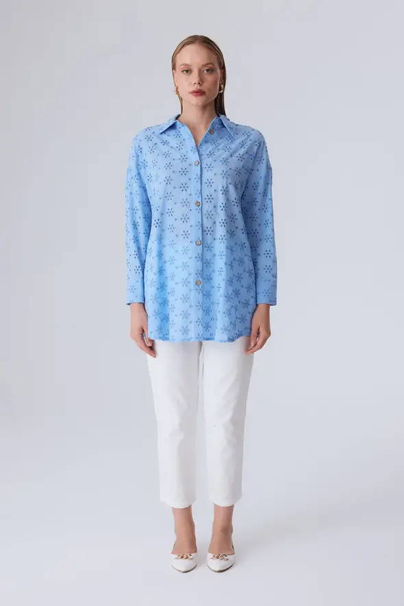 Embroidered Cotton Shirt - Blue - 3