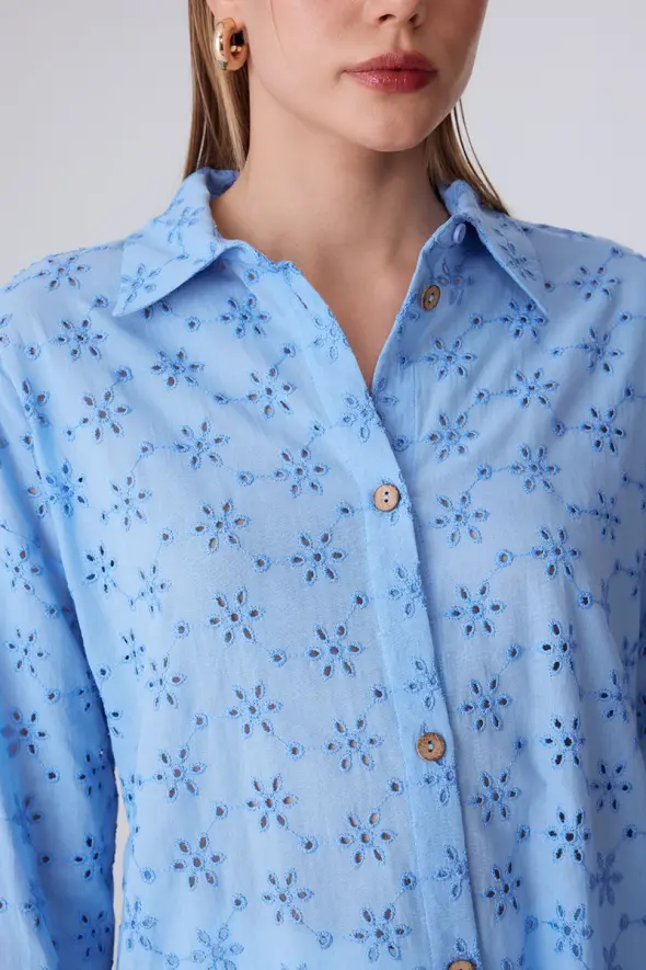 Embroidered Cotton Shirt - Blue - 4