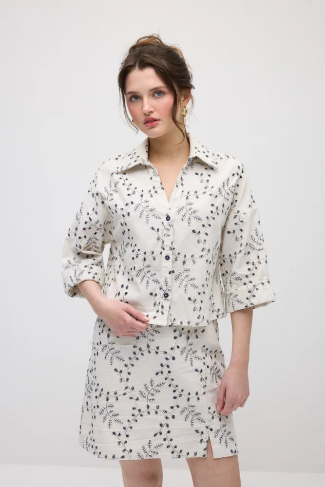 Embroidered Cotton Shirt - Ecru - Gusto