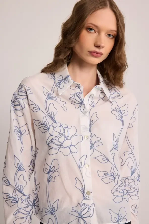 Embroidered Cotton Shirt - White - 2