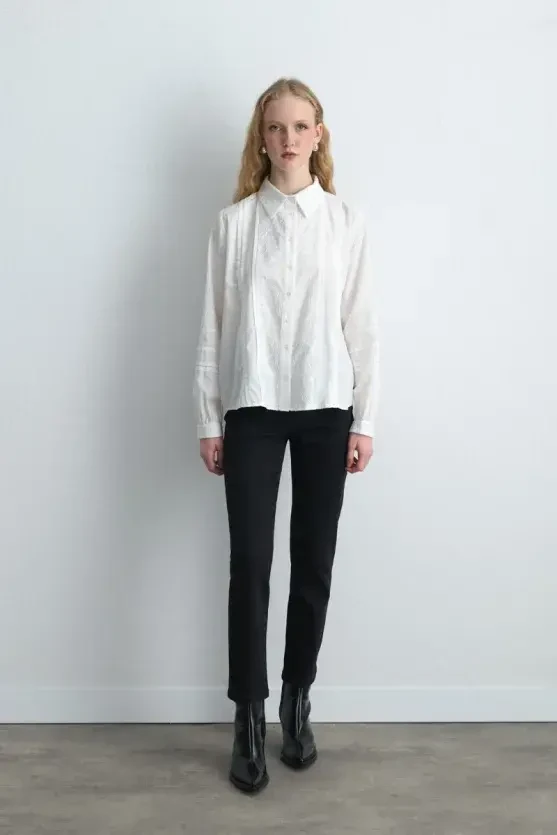 Embroidered Cotton Shirt - White - Gusto