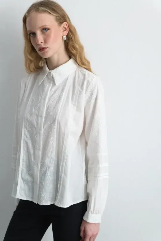 Embroidered Cotton Shirt - White - 3