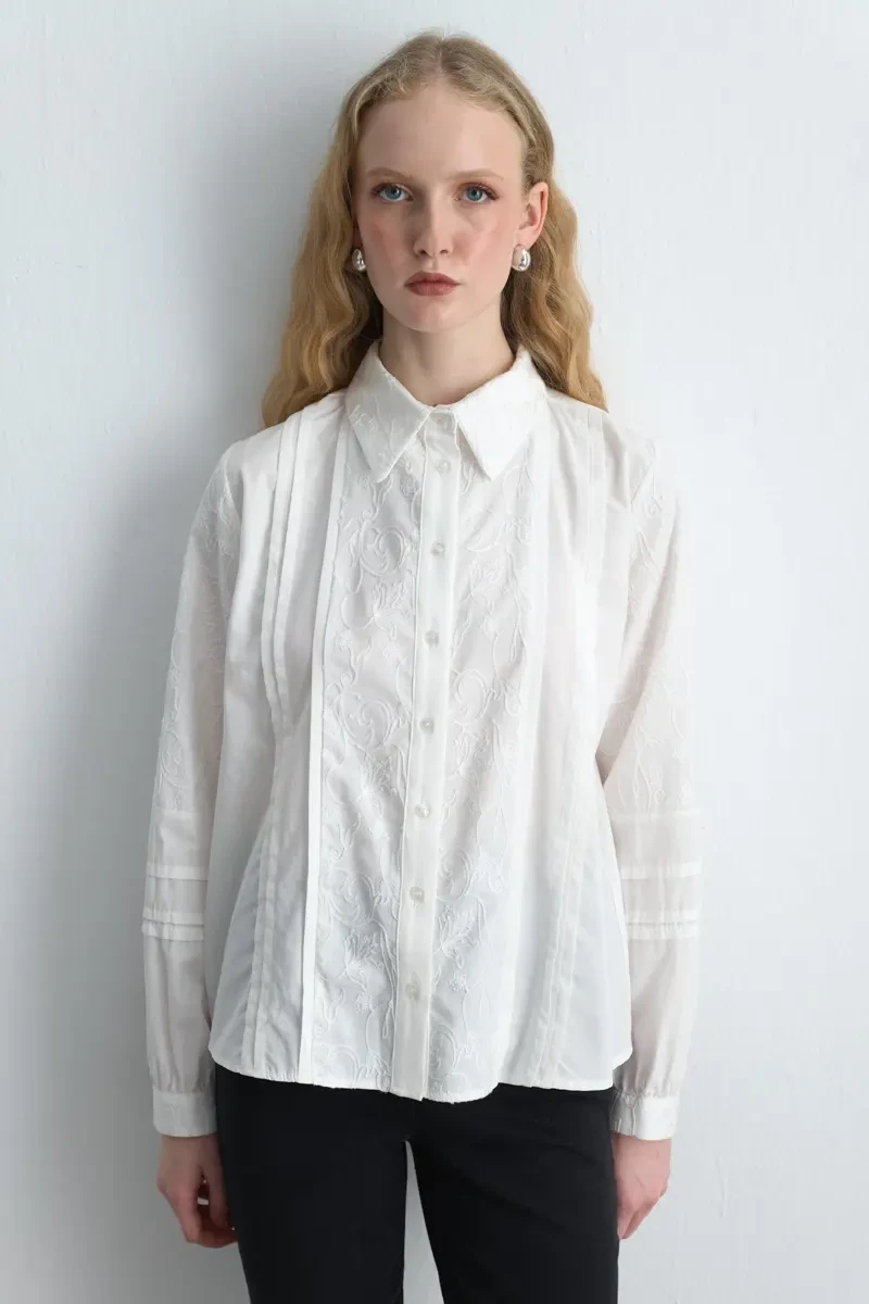 Embroidered Cotton Shirt - White - 1