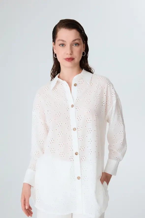 Embroidered Cotton Shirt - White - 1