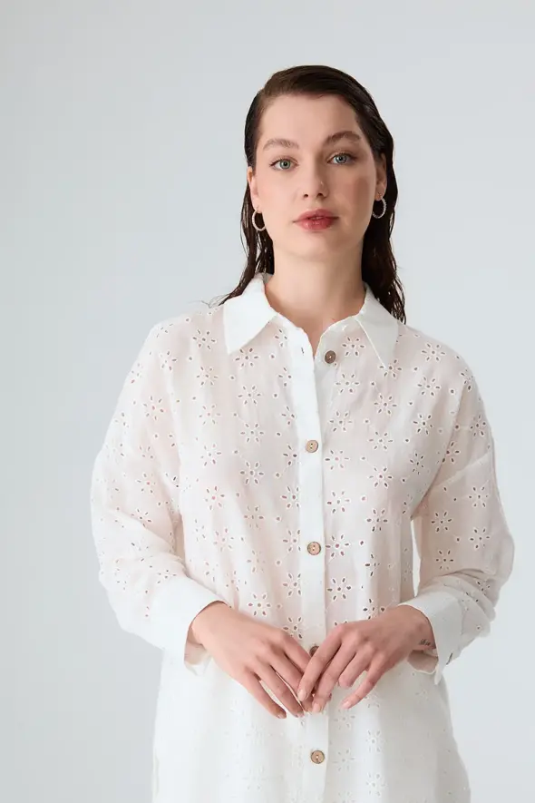 Embroidered Cotton Shirt - White - 4