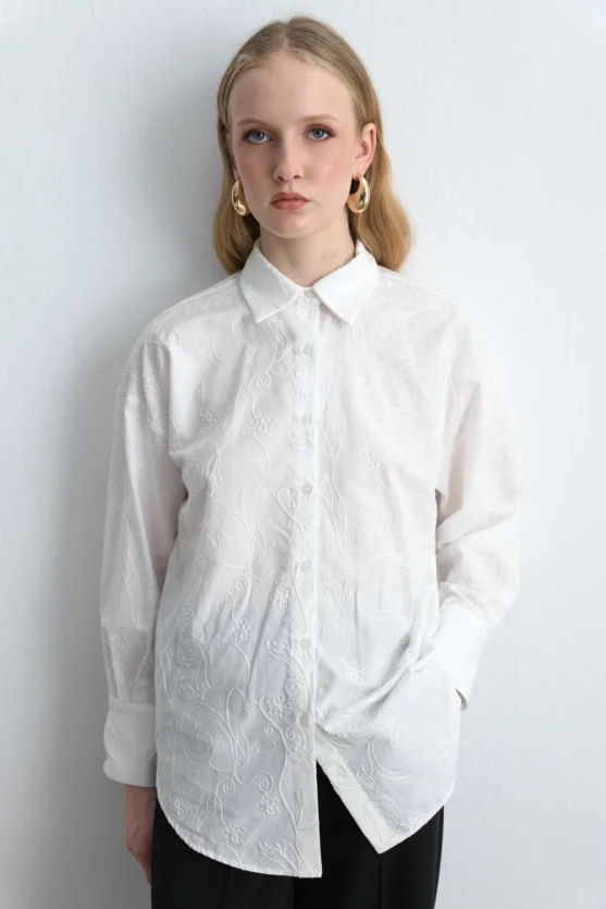 Embroidered Cotton Shirt White - 3