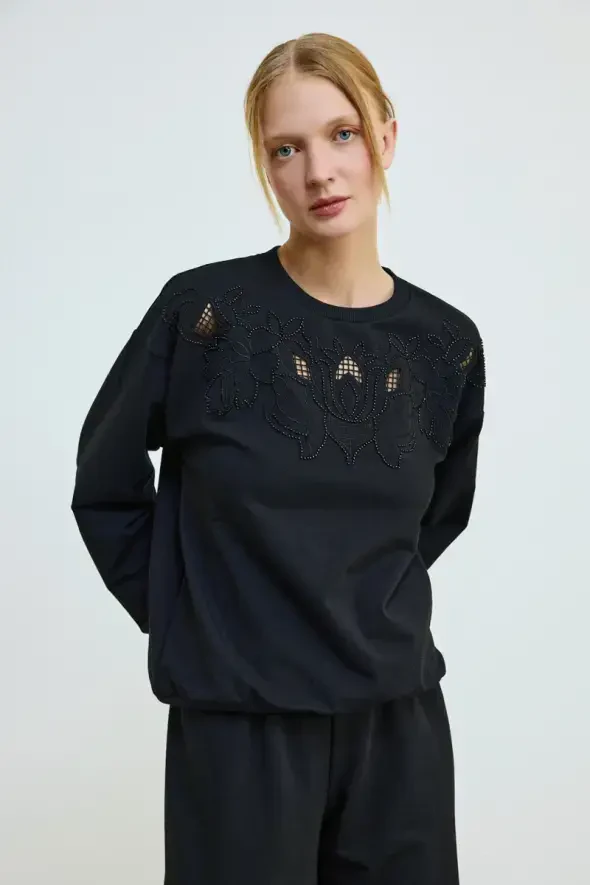 Embroidered Cotton Sweatshirt - Black - 1