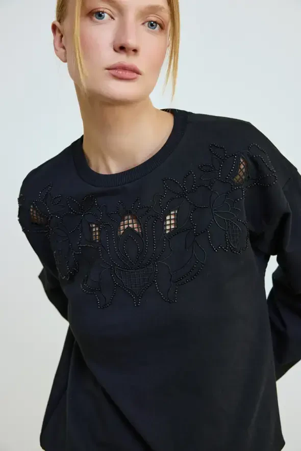Embroidered Cotton Sweatshirt - Black - 3