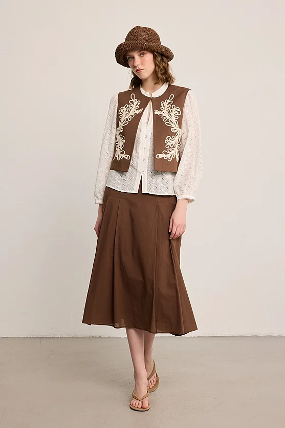 Embroidered Cotton Vest - Brown - Gusto