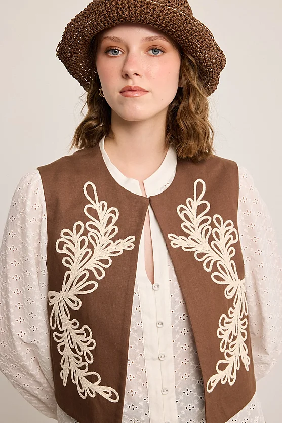Embroidered Cotton Vest - Brown - Gusto