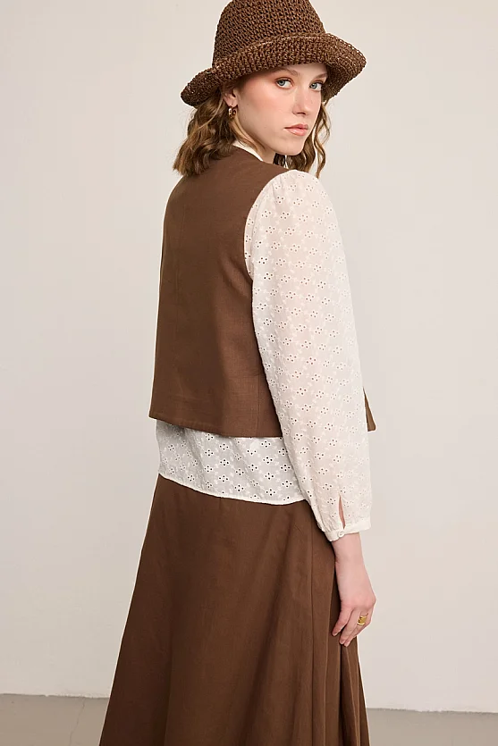 Embroidered Cotton Vest - Brown - Gusto