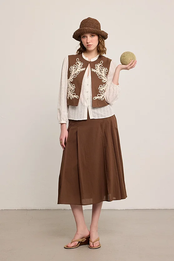Embroidered Cotton Vest - Brown - Gusto