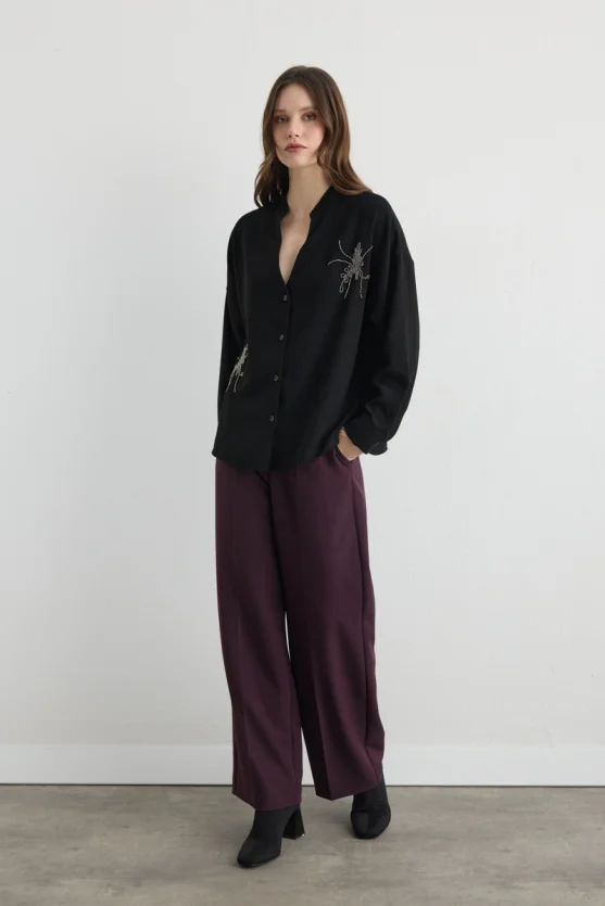 Embroidered Crepe Tunic - Black - 2