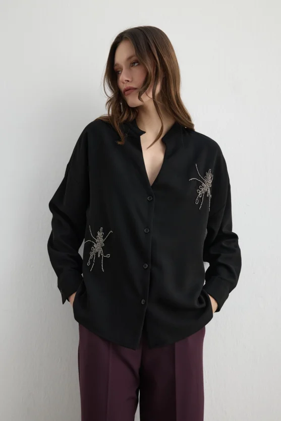 Embroidered Crepe Tunic - Black - 3