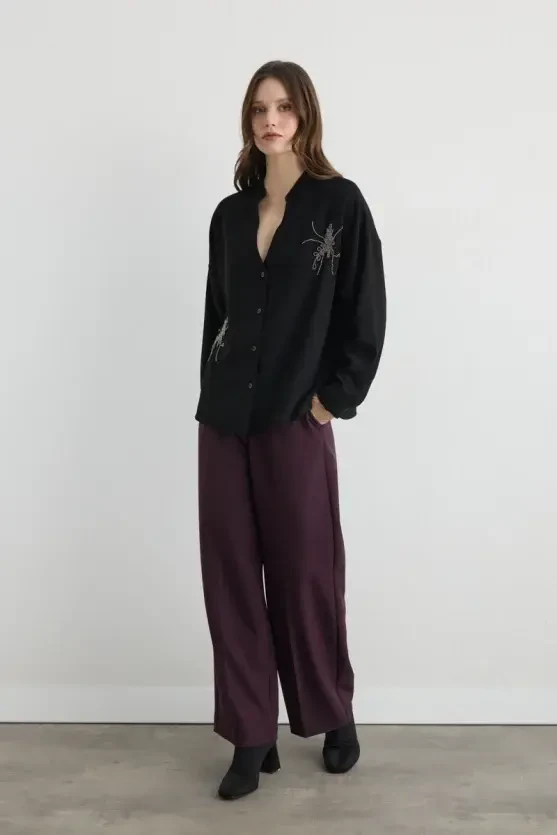 Embroidered Crepe Tunic - Black - 2