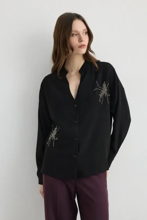 Embroidered Crepe Tunic - Black - Gusto